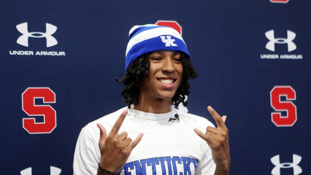 Stepinac s Boogie Fland announces that he will be attending the University of Kentucky next year during a press conference at Archbishop Stepinac High School in White Plains Oct. 20, 2023.